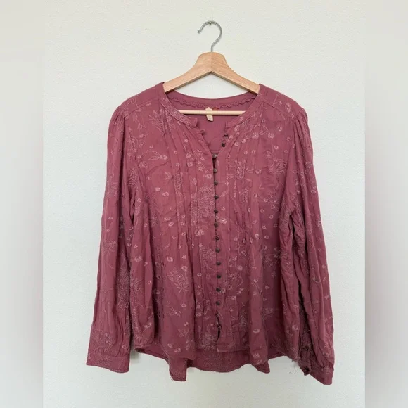 Anthropologie Long Sleeve Shirt Embroidered Mauve Size Large - Picture 2 of 8